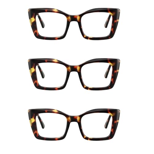 kunchu 3 Pack Reading Glasses for Women Oprah Style Oversized Square Reading Glasses Blue Light Blocking Spring Hinge Readers(MIX2, 5.0x)