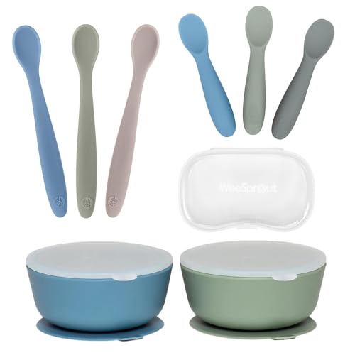 Image of WeeSprout 2 Silicone Suction Bowls, 3 Self Feeding Baby Spoons & 3 Toddler Spoons Bundle - Soft-Tip Utensils Dinnerware - Dishwasher & Microwave Safe - Travel Case Included
