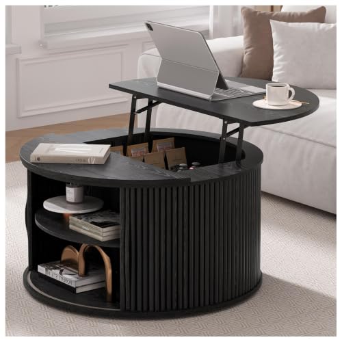 Image of JOINICE Round Lift Top Coffee Table with Storage for Living Room,Black | 31.5 inch Drum Design,Hidden Storage&Open Shelf,Modern Fluted Center Table for Small Apartments,Easy Assembly,Up to 150 lbs