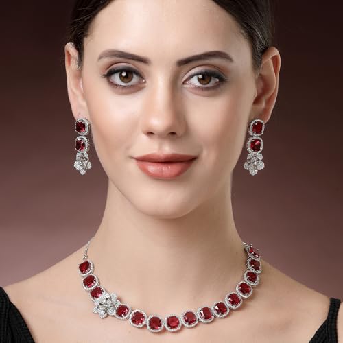 Image of ZENEME Jewellery Set Classic Style Rhodium Plated AD /American Diamond Studded Silver Plated Bejeweled Rose Necklace Jewellery Set for Women & Girls