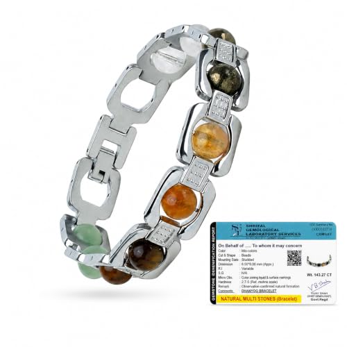 Image of BinsAura 7 Chakra Natural Gemstone Bracelet for Men & Women | Pyrite, Tiger Eye, Citrine, Green Aventurine, Black Obsidian, Amethyst & Rose Quartz Crystal Healing Beaded Bracelet | Adjustable Lucky Bracelet