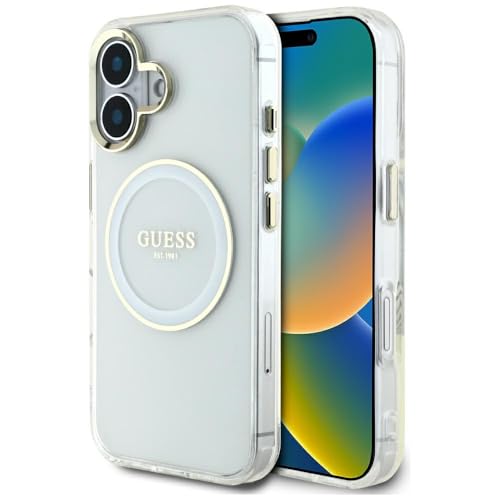 CG Mobile Guess IML Metal Colored Circle Logo Classic Compatible avec MagSafe pour iPhone 16 (Blanc)