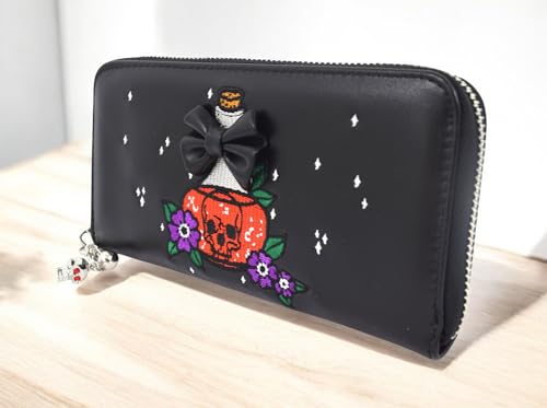 Mystical Gothic Zip Around Wallet, Poison Bottle Embroidery with Black Bow, Faux Leather Skull & Floral Design Purse3