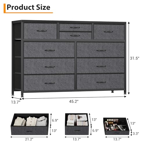 Jojoka Wide 10 Drawer Dresser,TV Stand Entertainment Center Fabric Storage Dressers Drawers for Bedroom, Hallway, Nursery, Closets, Steel Frame, Wood Top, Black_1