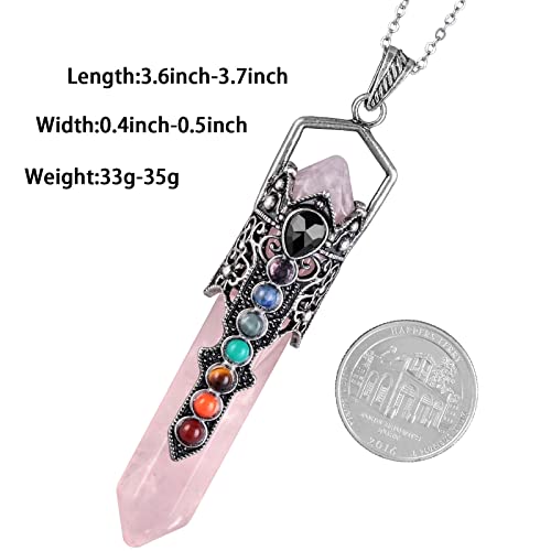 Nupuyai Vintage 7 Chakra Rose Quartz Crystal Point Pendant Necklace for Men Women Hexagonal Pendulum Reiki Healing Stone Pendant with Chain - Image 2
