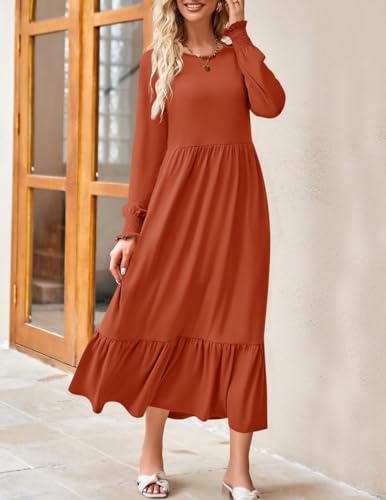 Zesica Women'S 2024 Fall Long Sleeve Dress Crewneck Casual Loose Pleated Tiered Swing Midi Dresses With Pockets,Rust,Small thumb #7