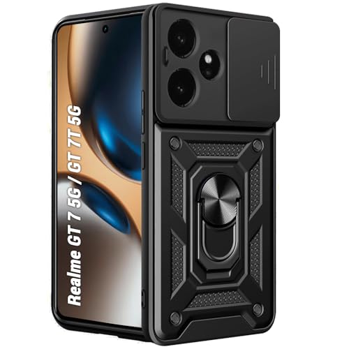 Image of TheGiftKart Tough Armor Bumper Back Cover Case for Realme GT 7 5G / GT 7T 5G / GT 7 Dream Edition | Sliding Camera Cover, Kickstand & Ring Holder | 360 Protection Back Cover Case (PC & TPU, Black)