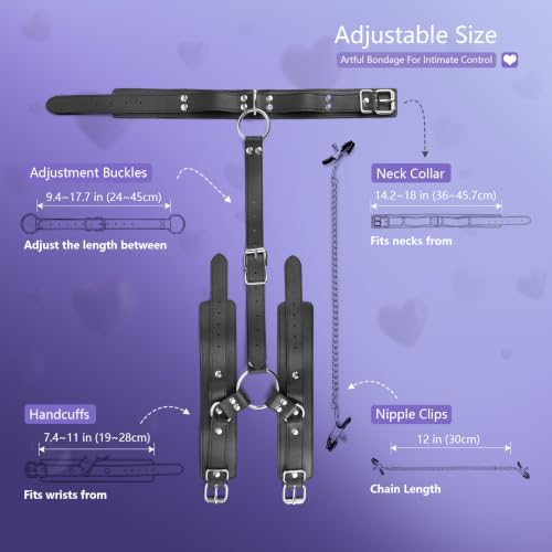 Image of BDSM Bondage Sex Collar Restraint Set, PU Leather Neck to Wrist Harness with Adjustable Handcuffs & Nipple Clamps,Kinky Sex Toys for Couples Role Play & Beginners