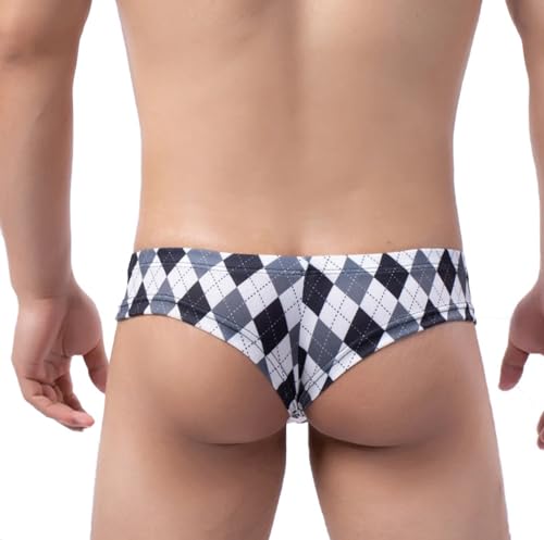 Men's Sexy Checkered Printed Ice Silk Underwear Sexy Breathable Gay G Strings Thong Bikini Lingerie