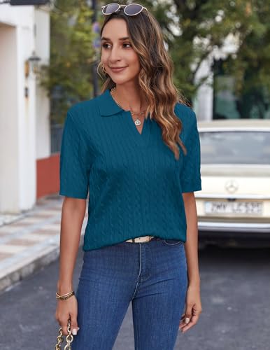 Image of Zeagoo Women Short Sleeve Sweater Pullover Polo Tops V Neck Knit Casual Soft Pullover Shirt