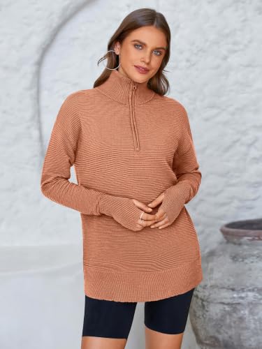 Image of PRETTYGARDEN Womens Long Sleeve Quarter Zip Pullover Sweater | Casual Loose V Neck Sweaters with Thumb Hole, Collared Ribbed Knit Jumper Tops, Oversized Tunic Tops, Fall Outfits 2026