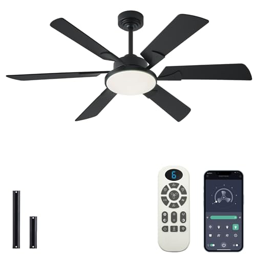 Image of JSAITEE 52 Inch Low Profile Ceiling Fan with Lights, Remote & APP Control, 3CCT Dimmable, 6 Blades 6 Speed Ceiling Fans, Quiet Reversible DC Motor, Modern Black Ceiling Fan for Bedroom Living Room
