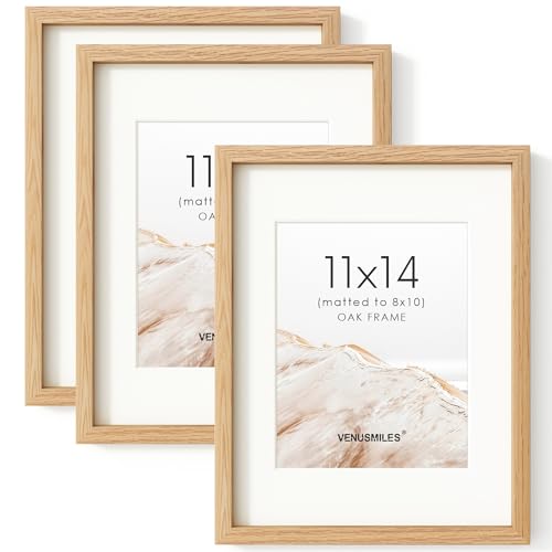 Image of 11x14 Picture Frame Set of 3, USA-Sourced Natural Oak Wood Photo Collage Frame with HD Tempered Glass, Modern Simple 11 x 14 Wooden Frame Matted to 8x10, Vertical & Horizontal Wall Hanging Display