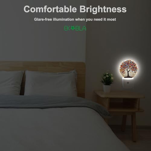 Image of EKOBLA Abstract Tree with Colorful Leaves Night Light, Tree Art Painting Night Lights Plug Into Wall with Dusk to Dawn Auto Sensor for Men Women Bedroom Bathroom