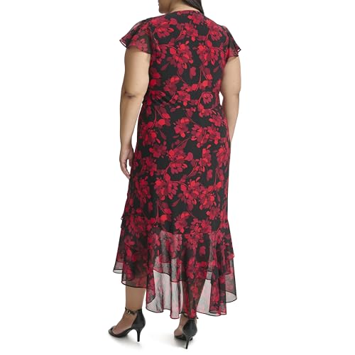 Image of Tommy Hilfiger Women's Flutter Sleeve V-Neck Ruffle Trim Hi-Lo Midi Dress