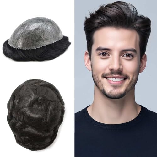Hair Wonders Toupee For Mens Hair Piece Real Human Hair Full Poly Skin Mens Toupee Hair System For Men Hairpiece For Men Natural Looking Protesis Capilar Para Hombre 8x10 1# JET BLACK