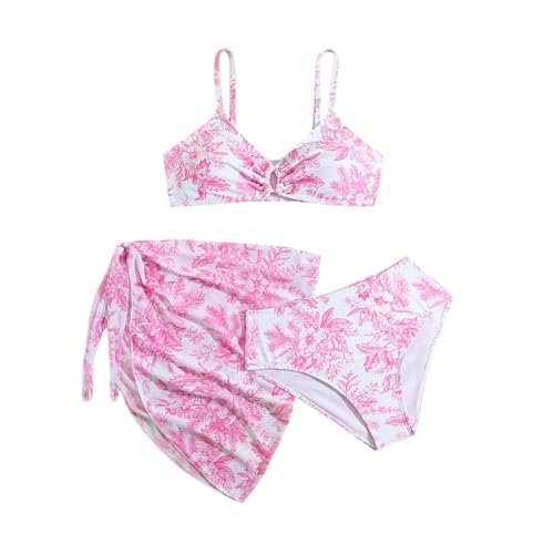Girls 3 Piece Swimsuit Tropical Bikini Set Floral Print Swimwear with Cover Up Beach Skirt Kids Cute Ruched Bathing Suit