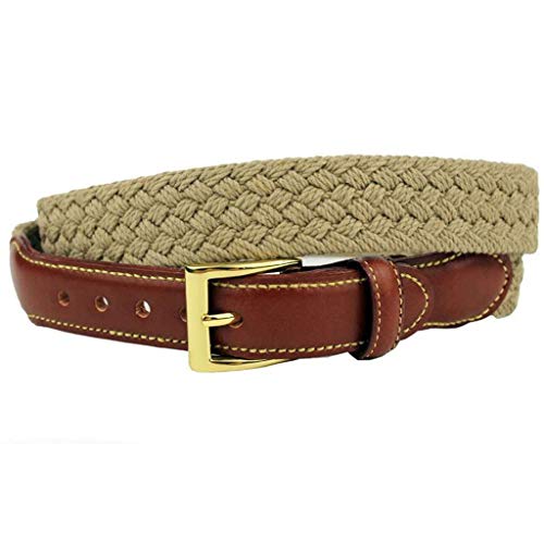 COUNTRY CLUB PREP Loggins & Messina Woven Cotton Leather Tab Belt in Khaki