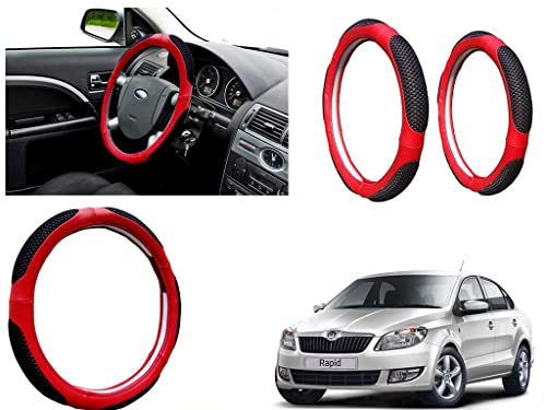 Image of Microfiber Car Steering Wheel Cover, Soft Padding Great Hand Feel, Anti-Slip, Faux Leather Steering Cover for Skoda Rapid | Black Red Jali - Pack of 1