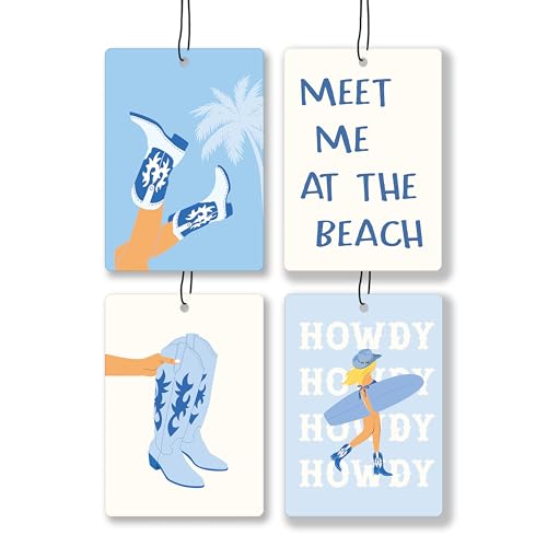 Image of Blue Coastal Cowgirl Lavender Car Air Freshener, Preppy Cowgirl Boots Meet Me at the Beach Hanging Air Freshener 4 Pcs for Cars Closet Drawer Books, Cute Car Accessories Mirror Decor for Women