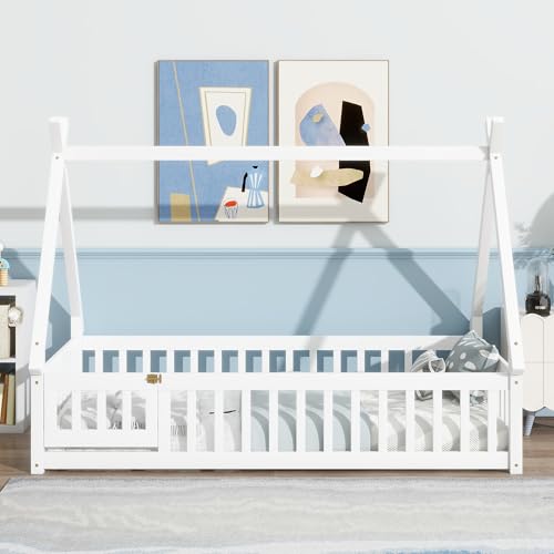 KEIKI Montessori Twin Floor Bed with Tent-Shaped Teepee Frame, Wood Floor Bed for Kids with Slats & Door & Fence, White