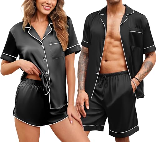 Ekouaer Silk Satin Matching Pajamas Sets Couple Button Down Nightwear Women & Men Short Sleeve Sleepwear 2 Pieces Loungewear Black Large