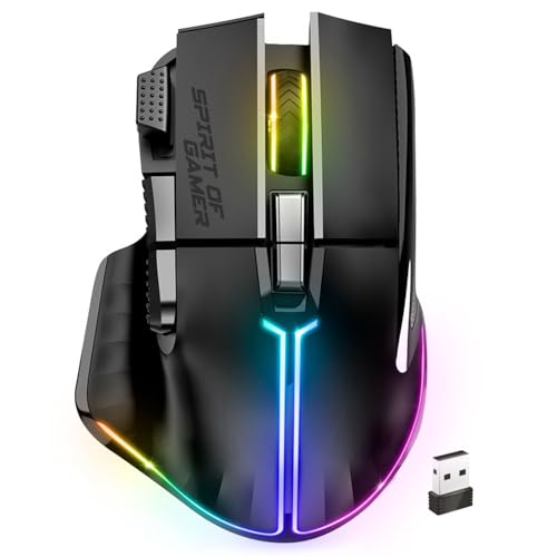Spirit Of Gamer - PRO M5, Mouse Gaming Senza Fili per PC RGB, 8 Pulsanti Programmabili di cui 1 Rapid'Fire, Connessione Bluetooth e 2,4 GHz, Batteria a Lunga durata 90 ore, Ergonomico, Nero