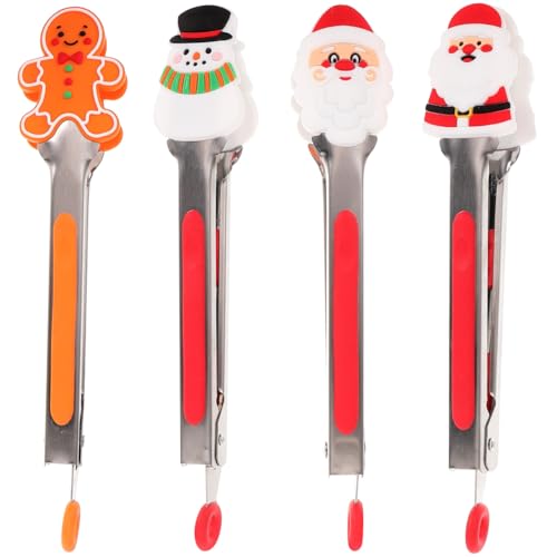 Healifty 4Pcs Stainless Steel Kitchen Tongs with Silicone Tips Multi Function Cooking and Serving Tools for Bbq Steak Salad Resistant Easy to Clean Random Christmas Styles