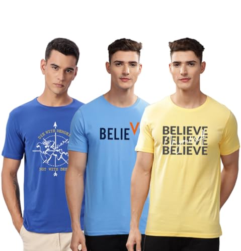 Image of ADRO 100% Cotton Lycra Tshirts for Men Combo Pack of 3 | Regular Fit | Printed T Shirt | Round Neck Half Sleeve| Mens Tshirts