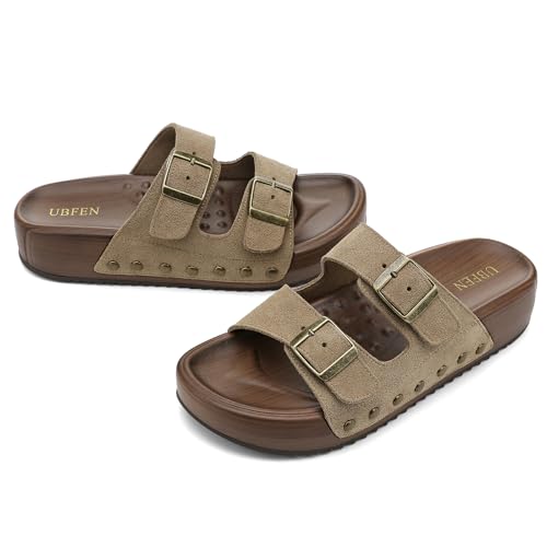 Image of UBFEN Womens Platform Slide Sandals | Real Leather,Buckle Sandals with Cushioned Flatform Footbed,Comfortable for Walking,Arch Support,Casual Styling