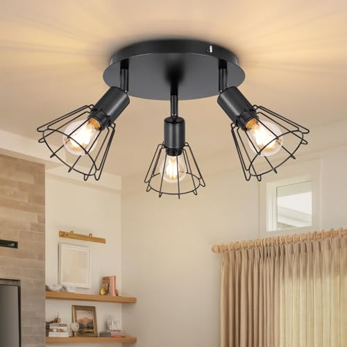 Dehobo Led Deckenstrahler Schwenkbar 350°, Strahler Deckenlampe 3 Flammig Rund E14 Schwarz, Deckenspot Lampe Wohnzimmer Decke Küchenlampe Deckenleuchte Schlafzimmer, Nein Leuchtmitt