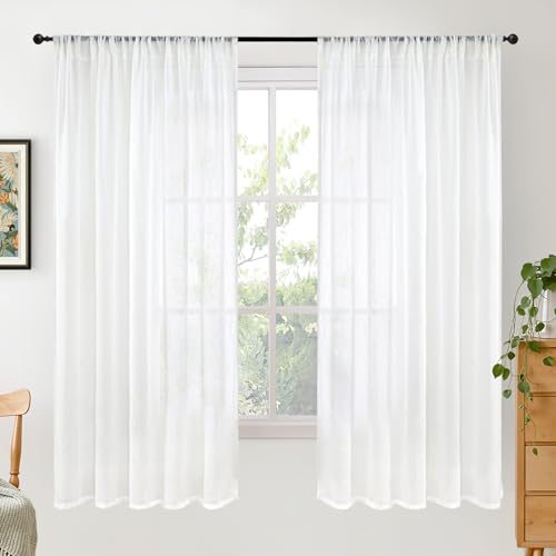 Image of BGment White Semi Sheer Linen Curtains 63 Inch Length for Bedroom 2 Panels Set - Textured Light Filtering Drapes with Rod Pocket Lightweight Window Treatments for Living Room, 52 X 63 Inch