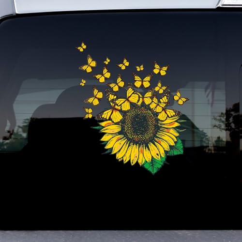 Image of 5pcs Sunflower and Flying Butterflies Bumper Sticker Car Decal for Women Mom Truck Rv Motorhome Windows (7x6)