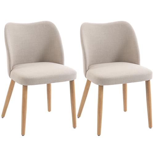 HOMCOM Juego de 2 sillas de comedor de tela efecto lino, sillas de cocina escandinavas con patas de madera de caucho, respaldo curvado, silla acolchada para cocina, dormitorio, salón, color crema