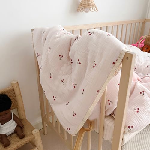 Image of BuLuTu Kids Toddler Muslin Cotton Quilted Blanket 60x78 Inches, Cute Cherry Print Children Comforter for Toddler /Twin Bed, Soft Breathable Boys Girls Quilt, Machine Washable