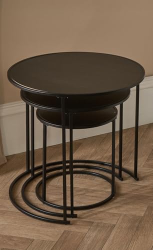 OHS Nest of Tables Set of 3 Manhattan Stacking Side Table Living Room Wooden Stylish Decorative Coffee Table Sturdy Metal Frame Home Interior Easy Assembly Round End Tables Black