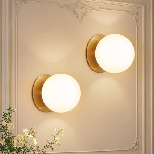 Meybiok 2 Pack Wall Sconces Modern Globe Sconces in Aged Brass Wall Light for Bedroom Bathroom Living Room & Hallway Vanity Lighting Ceiling Light Fixture