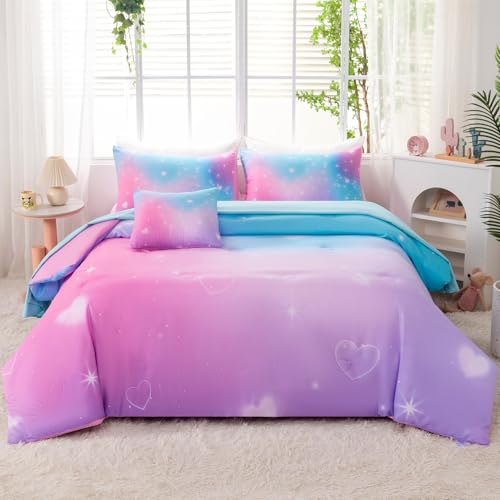 Image of 6 Pcs Glitter Bed in A Bag Full Size Rainbow Galaxy Bedding Comforter Set with Sheets Tie Dye Pink Teal Bubble Heart Print Kids Bed Set (Bubble Heart, Full)