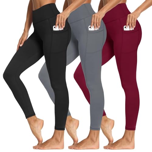 3 Packs Leggings with Pockets for Women, Soft High Waisted Tummy Control Workout Yoga Pants