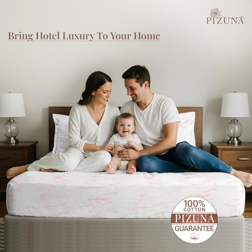 Image of Pizuna 100% Cotton Bedsheet Super King Size with 2 Pillow Covers, 400 Thread Count Long Staple Cotton, Carrara Marble Pattern Flat Bed Sheet 108X108 Inch for Superking Bed, Light Pink Printed Bedsheet