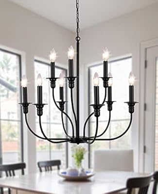 LASENCHOO 9-Light Matte Black Farmhouse Chandelier for Dining Room Light Fixture Hanging, Industrial Candle Pendant Light Rustic Chandelier for Living Room Foyer Bedroom Kitchen Island Lighting