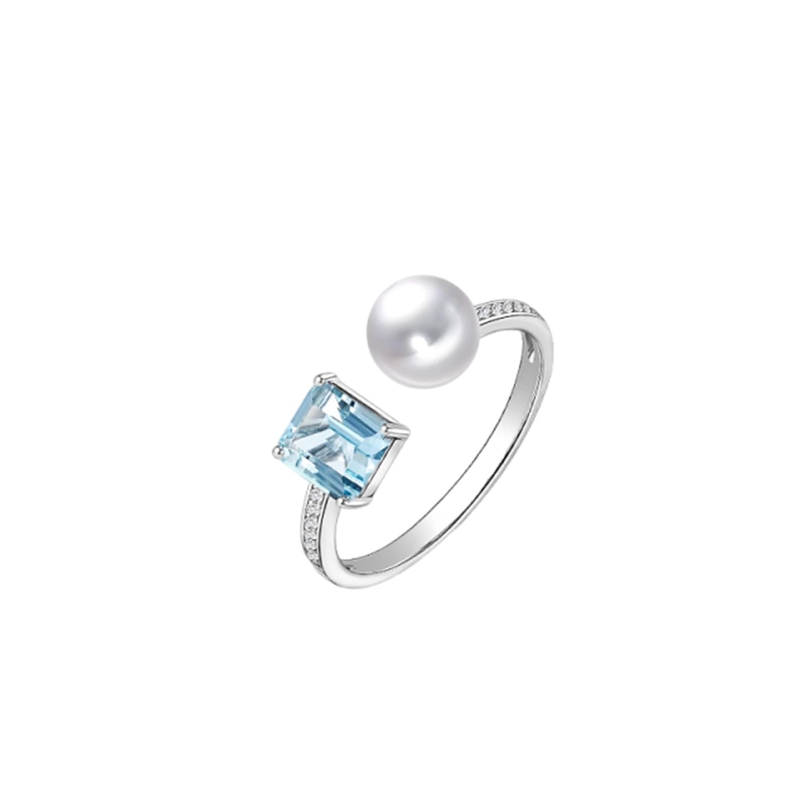 Wycian Anillo Piedra Azul Anillo Mujer Azul Oro Blanco Aguamarina Abierto con Aguamarina, Perla Y Diamante Talla 18,5 Sólido No Chapado Moda para Hermana Acción de Gracias Joyas