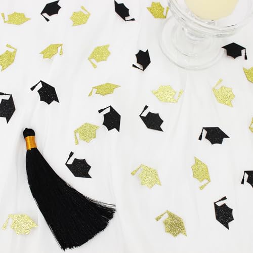 Image of 200PC Black Gold Grad Cap Graduation Confetti for Table Glitter Graduation Hat Table Scatter for Class of 2026 Grad Party Decorations
