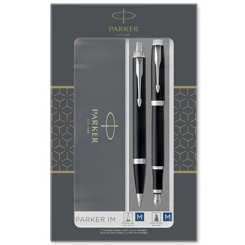 Parker IM Duo coffret-cadeau avec stylo bille et stylo plume | finition noire laquée avec attributs chromés | recharge et cartouche d’encre bleue |...