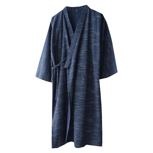 Woven Cotton Traditional Hanfu Midi-length Nightdress Tie-belt Bathrobe Loose Breathable Pajamas Comfortable Nightgown Sweat Steaming Yukata Sauna Suit Sleepwear Kimono for Men X-Large(Navy)