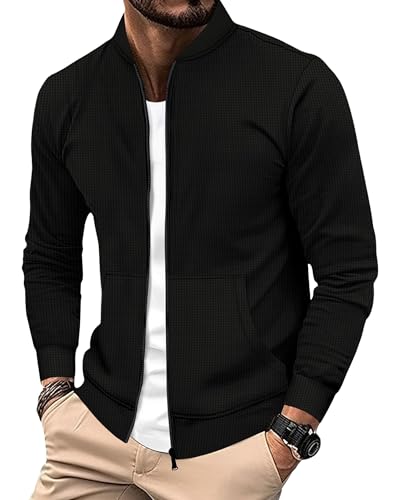 Men's Waffle Zip Up Jacket Soild Casual Lightweight Baseball Jackets with Pockets for Fall Winter