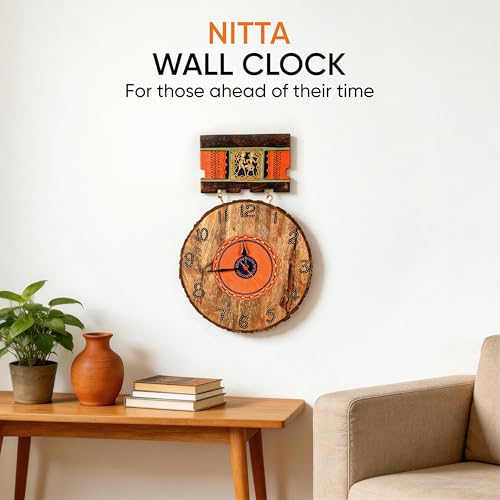 Image of AAKRITI ART CREATIONS Handcrafted Hanging Wall Clock Multicolor | Clock for Home, Home Decoration | Dhokra Art Wall Hanging Wall Clock, Lightweight Wooden wall Decor | Matte Finish