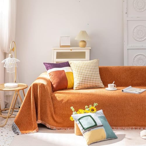 HANDONTIME Brunt Orange Sofa Cover Couch Covers for Sofa Washable Loveseat Covers Soft Chenille Couch Cover for Dogs Solid Caramel Couch Covers for 3 Cushion Couch Sofa Pet Friendly 71 X118