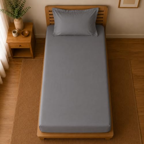 Image of Linen Home Cotton Percale Fitted Bedsheet Set Single Size Charcoal