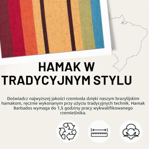 AMAZONAS Klasyczny hamak XL Barbados Rainbow wykonany ręcznie w Brazylii, nośność do 200 kg z 230 x 150 cm dla 1-2 osób w kolorowych paskach